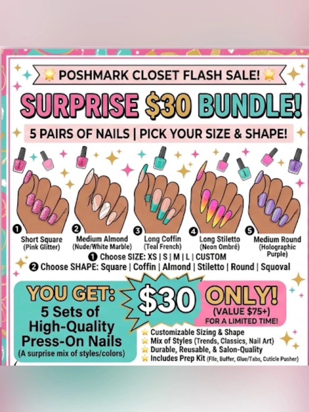Surprise $30 Bundle - Assorted Press-On Nails (Pink, Teal, Purple)